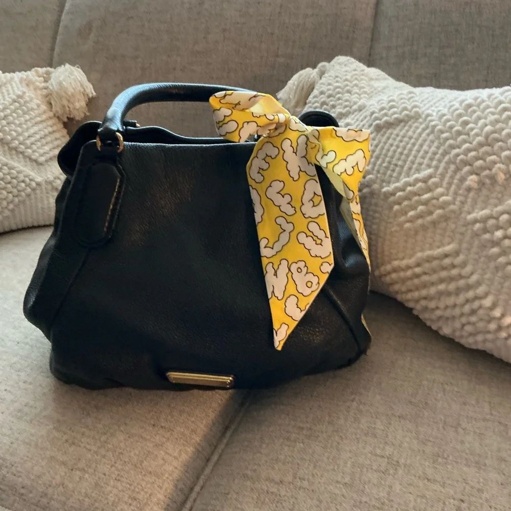 Marc by Marc Jacobs Black Leather Shoulder Bag with Yellow Scarf Accent